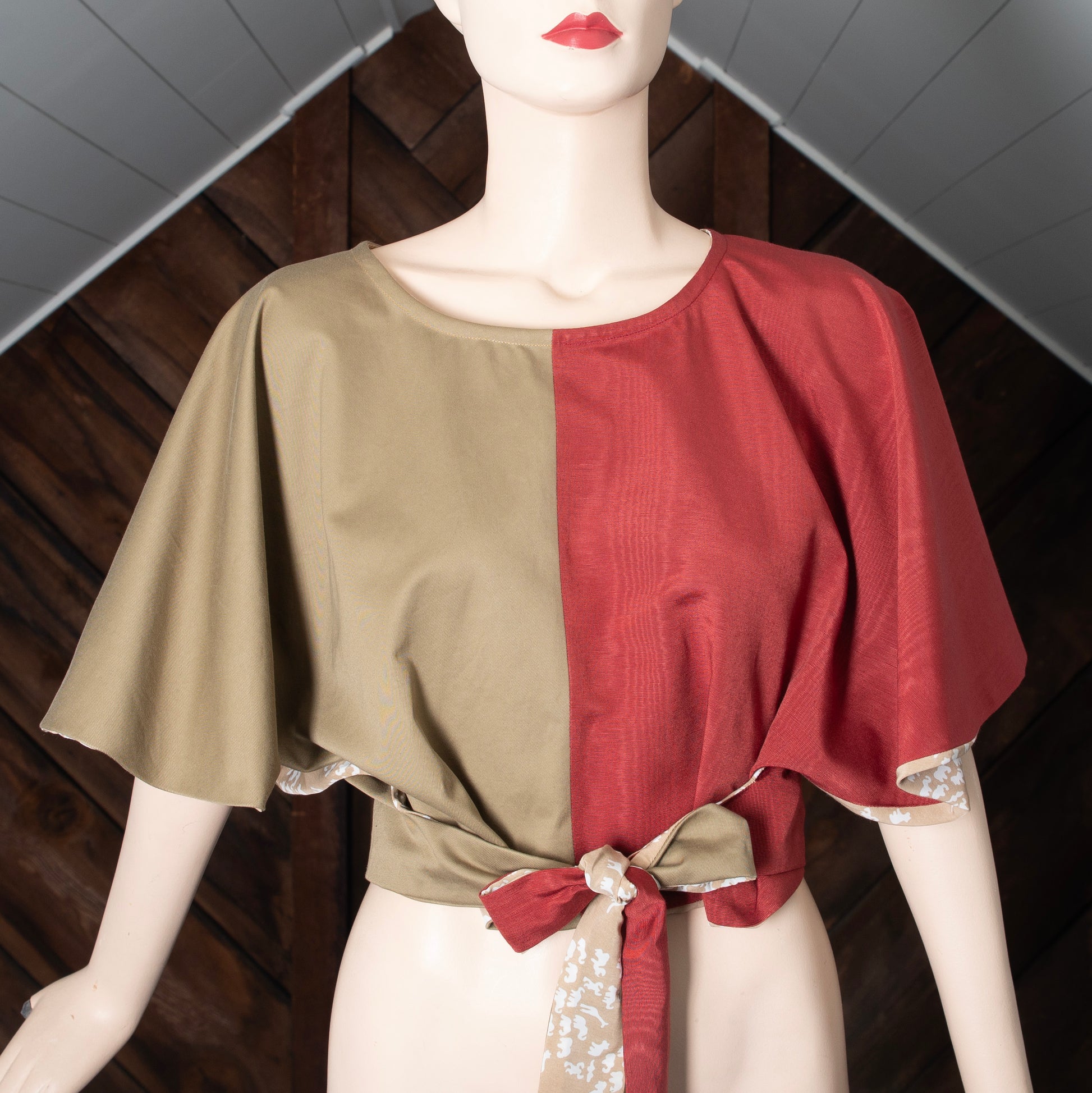 Circle wrap blouse sustainably made from second-hand fabric. Made in USA.