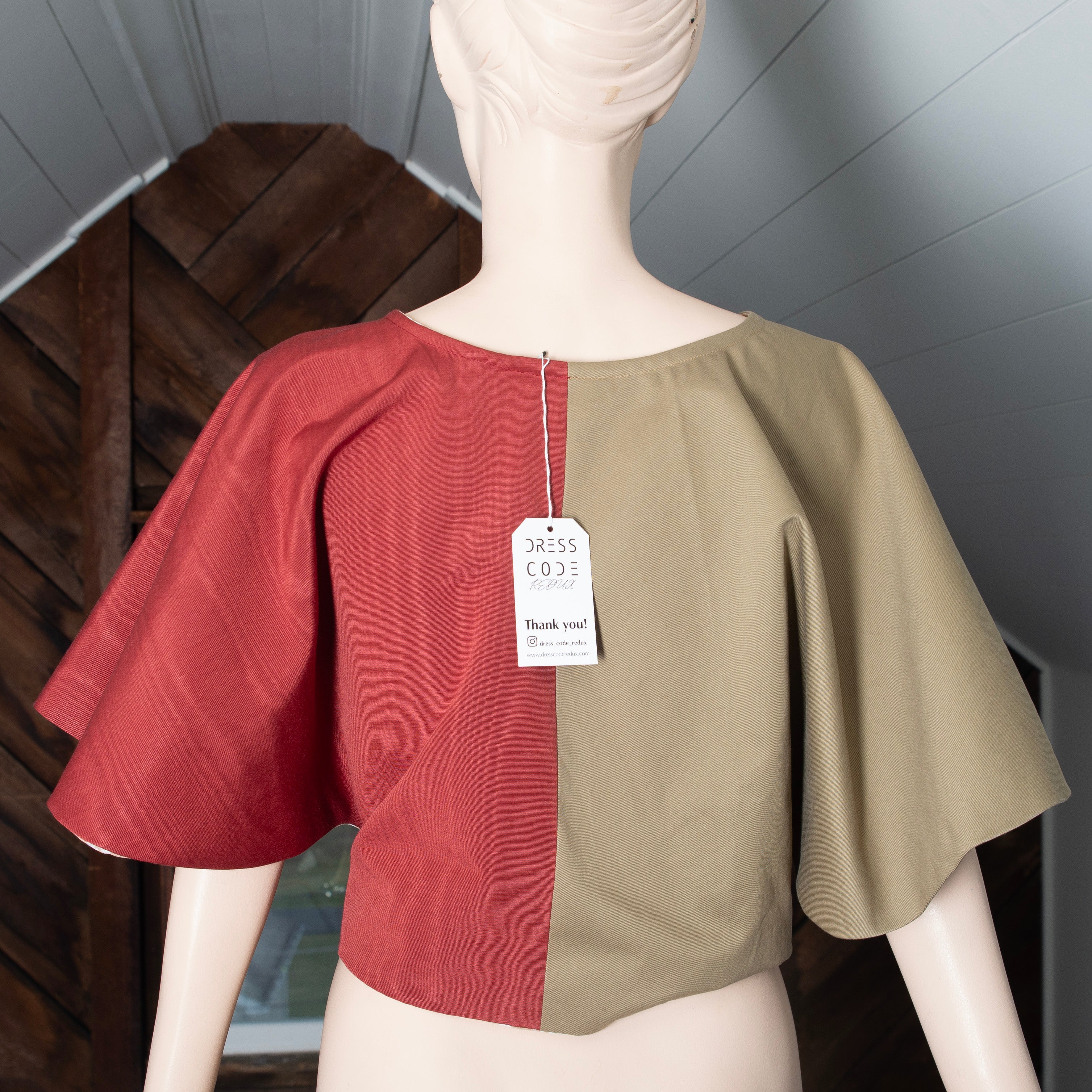 Circle wrap blouse sustainably made from second-hand fabric. Made in USA.