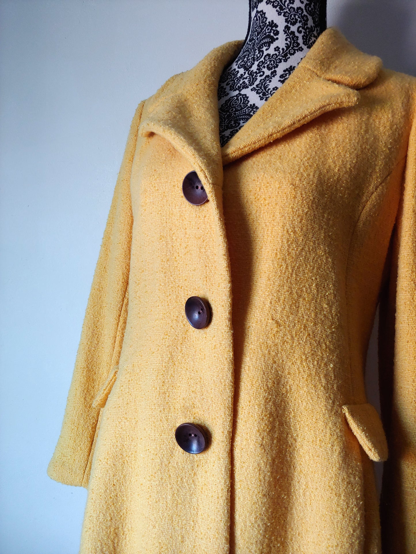 1960s Vintage Yellow Boucle Wool Princess Coat